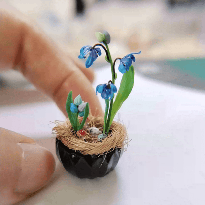 Siberian Squill (Scilla siberica) produces multiple flowers per stem, in the most beautiful deep blue color. Mushroom, Bird's eggs and Siberian Squill (Scilla siberica) in Gypsum pot.  Material: Handmade from Clay