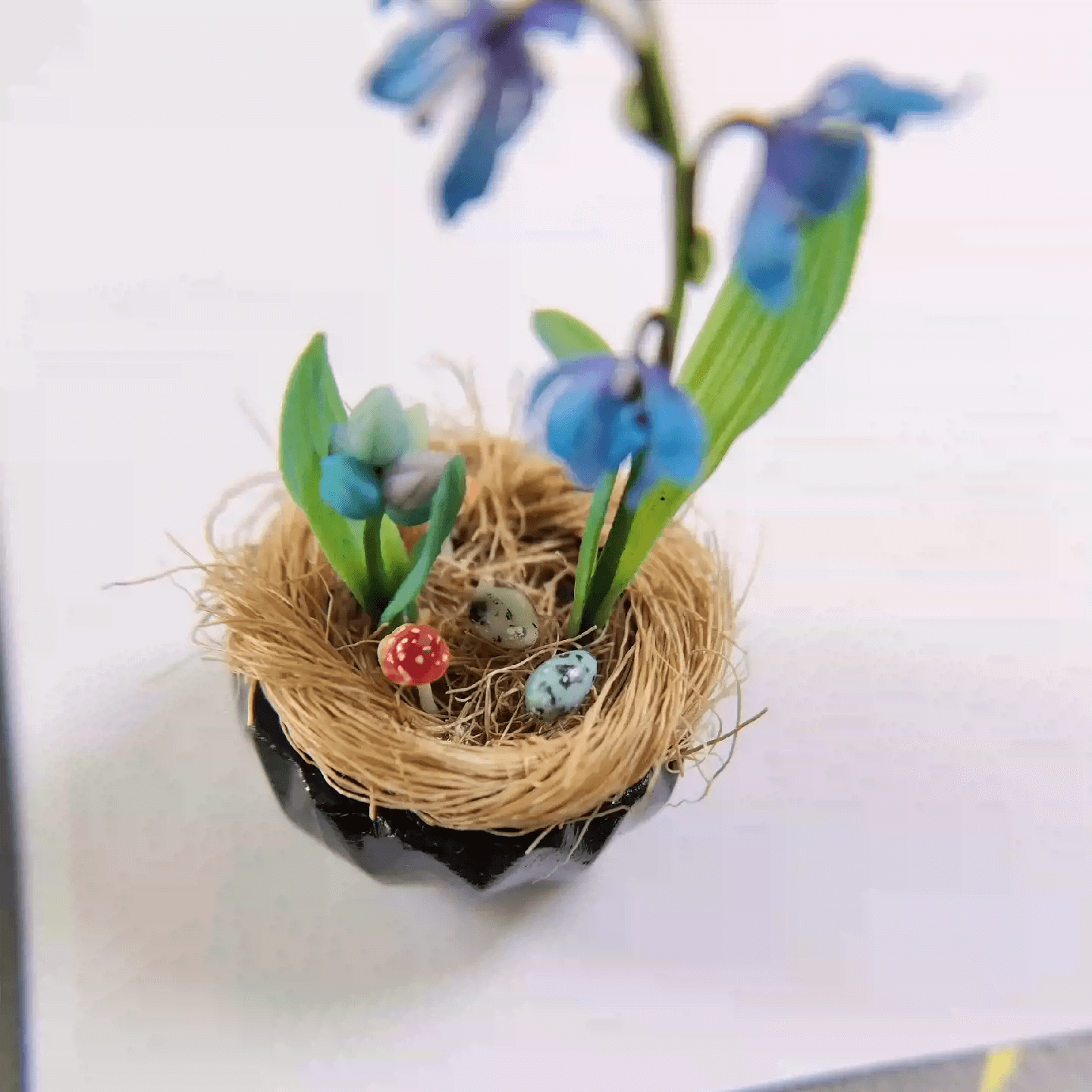 Siberian Squill (Scilla siberica) produces multiple flowers per stem, in the most beautiful deep blue color. Mushroom, Bird's eggs and Siberian Squill (Scilla siberica) in Gypsum pot.  Material: Handmade from Clay