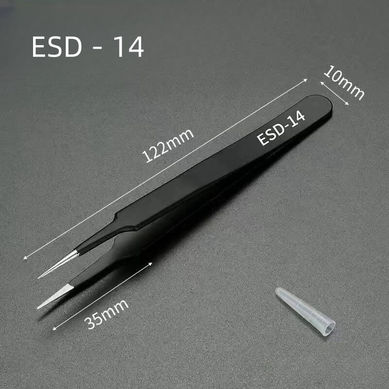 Stainless steel precision ESD tweezers that are anti-static. Being anti-magnetic means it can be use on computers or electronic items. Also ideal for rhinestones, studs, gems, mobile phone, watch, glasses, card making scrapbooks, sewing, stitching, etc. High-quality stainless steel tweezers, designed to meet the demands of the electronics and precision engineering industries, and perfect for DIY miniature crafts and delicate handwork.