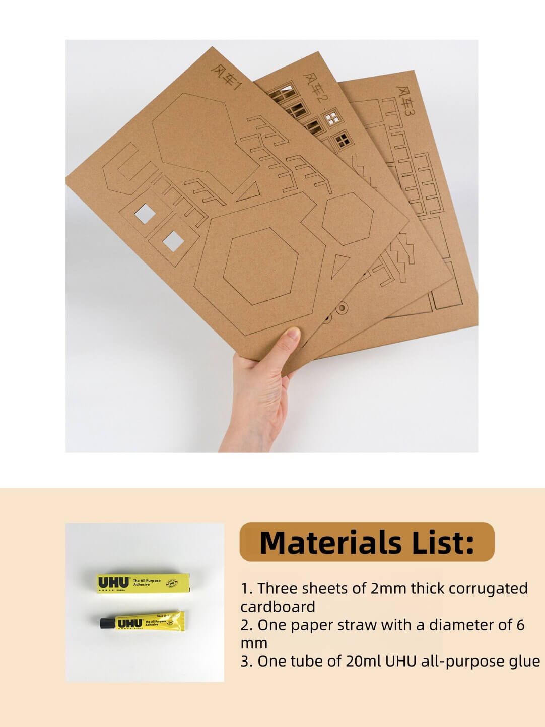 Pre-cut parts require no extra tools, and slot design makes assembly easy and quick Made of biodegradable 2mm thick corrugated cardboard, promoting green and sustainable practices. Perfect for DIY crafts, educational projects, architectural modeling, and parent-child activities. Comes with a detailed video tutorial to guide each step, making it easy for beginners. Takes only about 1 hour to complete, great for a quick craft session or a creative decor project.