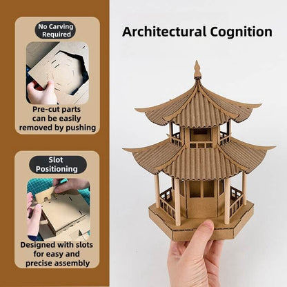 A realistic reproduction of traditional Chinese architecture, with an elegant and intricate structure. Perfect for collectors, DIY enthusiasts, or as a decorative piece. Made from durable and eco-friendly materials such as corrugated cardboard and kraft paper. All parts are pre-cut and ready to use, ensuring a hassle-free experience. Easy to assemble with slotted connections for precise positioning. No carving or special tools required. Assembly takes only 30 minutes, suitable for all skill levels.