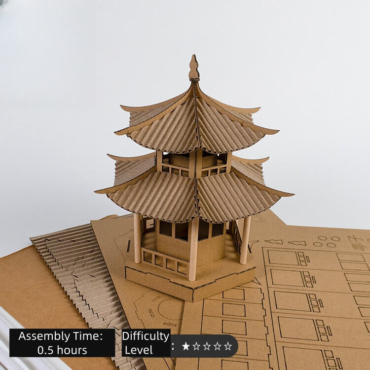 A realistic reproduction of traditional Chinese architecture, with an elegant and intricate structure. Perfect for collectors, DIY enthusiasts, or as a decorative piece. Made from durable and eco-friendly materials such as corrugated cardboard and kraft paper. All parts are pre-cut and ready to use, ensuring a hassle-free experience. Easy to assemble with slotted connections for precise positioning. No carving or special tools required. Assembly takes only 30 minutes, suitable for all skill levels.