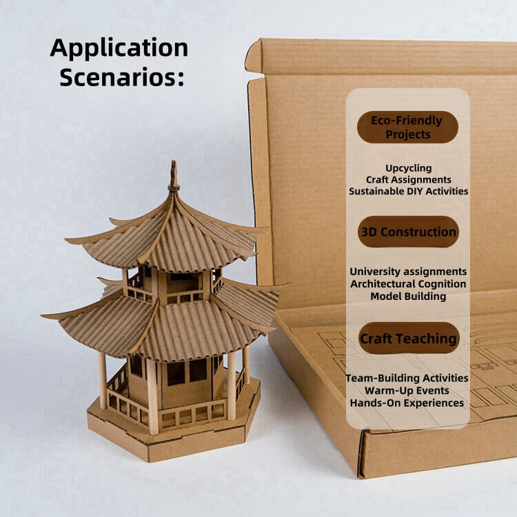 A realistic reproduction of traditional Chinese architecture, with an elegant and intricate structure. Perfect for collectors, DIY enthusiasts, or as a decorative piece. Made from durable and eco-friendly materials such as corrugated cardboard and kraft paper. All parts are pre-cut and ready to use, ensuring a hassle-free experience. Easy to assemble with slotted connections for precise positioning. No carving or special tools required. Assembly takes only 30 minutes, suitable for all skill levels.