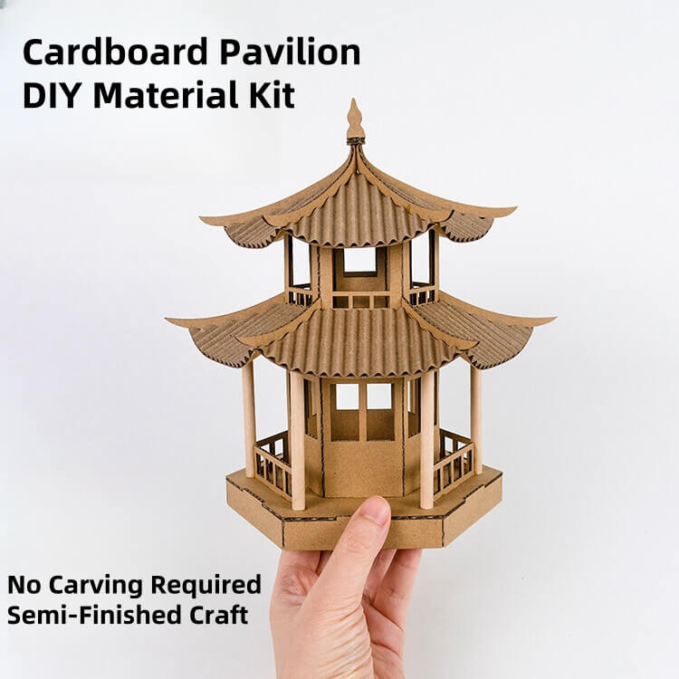 A realistic reproduction of traditional Chinese architecture, with an elegant and intricate structure. Perfect for collectors, DIY enthusiasts, or as a decorative piece. Made from durable and eco-friendly materials such as corrugated cardboard and kraft paper. All parts are pre-cut and ready to use, ensuring a hassle-free experience. Easy to assemble with slotted connections for precise positioning. No carving or special tools required. Assembly takes only 30 minutes, suitable for all skill levels.