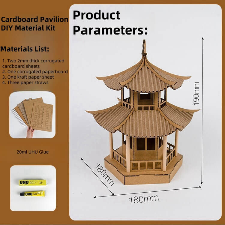 A realistic reproduction of traditional Chinese architecture, with an elegant and intricate structure. Perfect for collectors, DIY enthusiasts, or as a decorative piece. Made from durable and eco-friendly materials such as corrugated cardboard and kraft paper. All parts are pre-cut and ready to use, ensuring a hassle-free experience. Easy to assemble with slotted connections for precise positioning. No carving or special tools required. Assembly takes only 30 minutes, suitable for all skill levels.