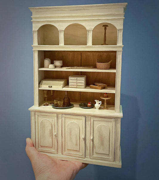 This striking miniature kitchen hutch bookcase dresser offers ample storage and display space, featuring black walnut wood or cherry wood and contrasting old paint. Color/ Finish: Cherry wood or Dark walnut Style: Vintage Shabby Chic Material: Black Walnut wood or Cherry wood