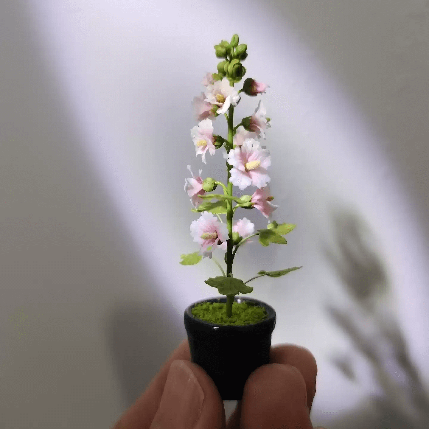 Miniature Alcea Rosea Hollyhocks in Pot Handmade Clay Plant