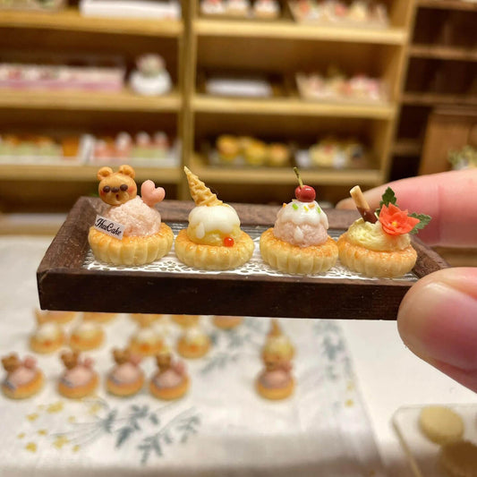 Dollhouse Miniature Bear Ice cream cone Flower Cherry Flan Tart Set. Handmade from clay, this delicious little dessert would make a lovely addition to the dolls house kitchen or cafe scene! Suitable for Blythe, Barbie, Paola and other dolls with a height of 25-40cm (10-15.8 inches).