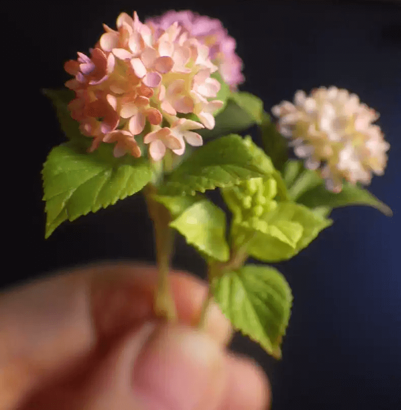 Hydrangeas are deciduous shrubs with flowers in terminal, round or umbrella-shaped clusters in colors of white, pink, or blue, or even purple. Dollhouse Garden Plants Handmade from Clay. Size: 6.5 cm/2.56inch tall plant in a 2.7 cm/1.06inch pot.