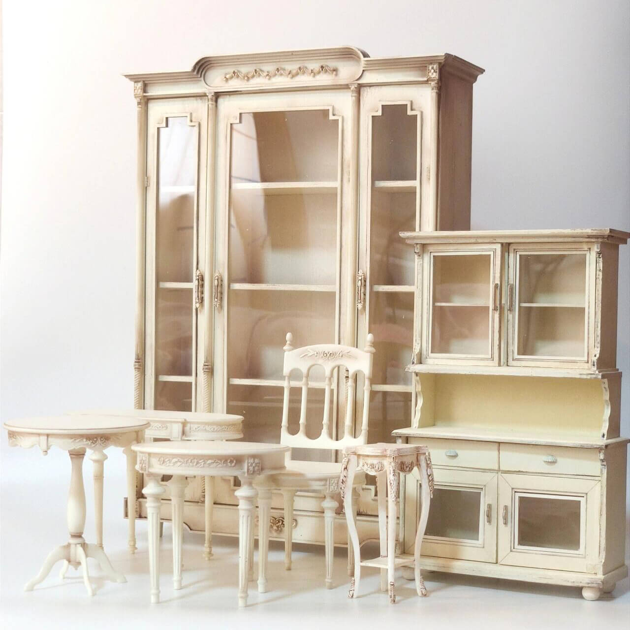 Beautiful Miniature Vintage Shabby Chic Carved Armoires Wardrobes with glass doors.  Color/ Finish: White  Styles: French Vintage  Material: Solid Wood  Type: Wardrobe Armoire  Default Scale: 1/6 (You can customize and modify the size according to your dollhouse).  Miniature Furniture for all dollhouse, roombox, bedroom.