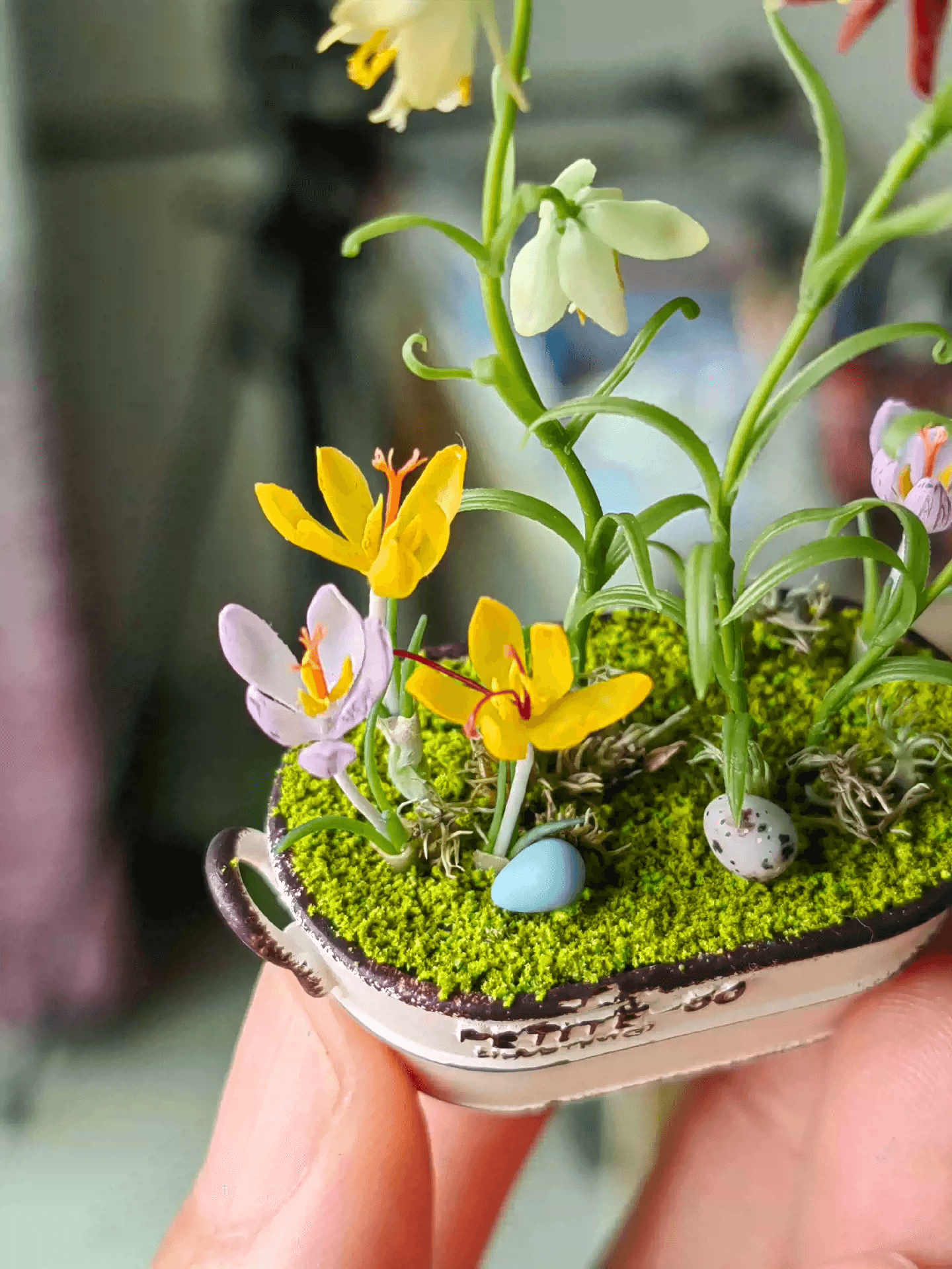 Fritillarias flower from mid to late spring and are perennial.  Crocus is a wonderful bulb to plant underneath trees or in a landscape bed.  Fritillaria thunbergii, Fritillaria meleagris, Crocus sativus and bird's eggs in clay planter.  Material: Handmade from Clay