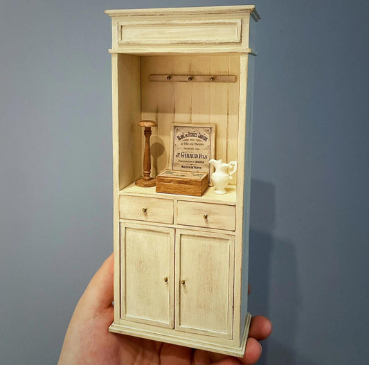 Miniature Handmade Walnut Tall Dresser Cabinet with Doors and Drawers