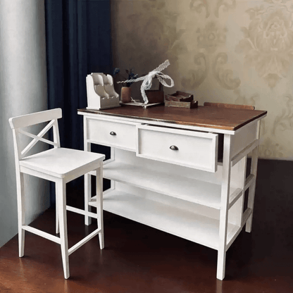 This Miniature Kitchen Island Table will look wonderful inside any room of your dollhouse, perfect for a cottage country look, or just to be exposed in your real house.  Default Color/ Finish: White and Brown Material: Solid Wood Type: Kitchen Island Table Scale: 1/6 (20×12×15.5cm / 7.87×4.72×6.10in)