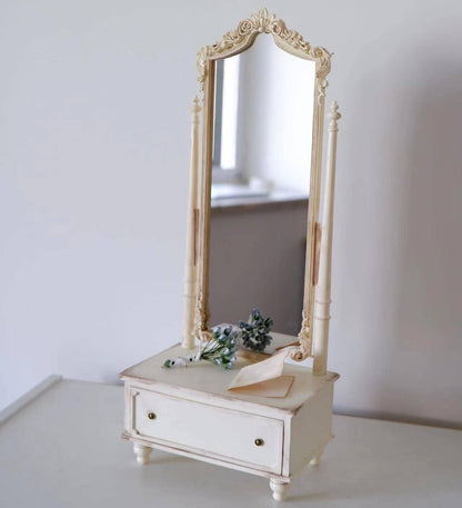 Default Color/ Finish: White Styles: French Vintage Shabby Chic Material: Solid Wood Type: Dressing Mirror Scale: 1/6 (13.5×9×30cm / 5.32×3.54×11.81in); 1/4 (25.5×17×60cm / 10.04×6.69×23.62in) Note: The products are Miniature Shabby Chic Full Length Dressing Mirror with Drawers, without other accessories.