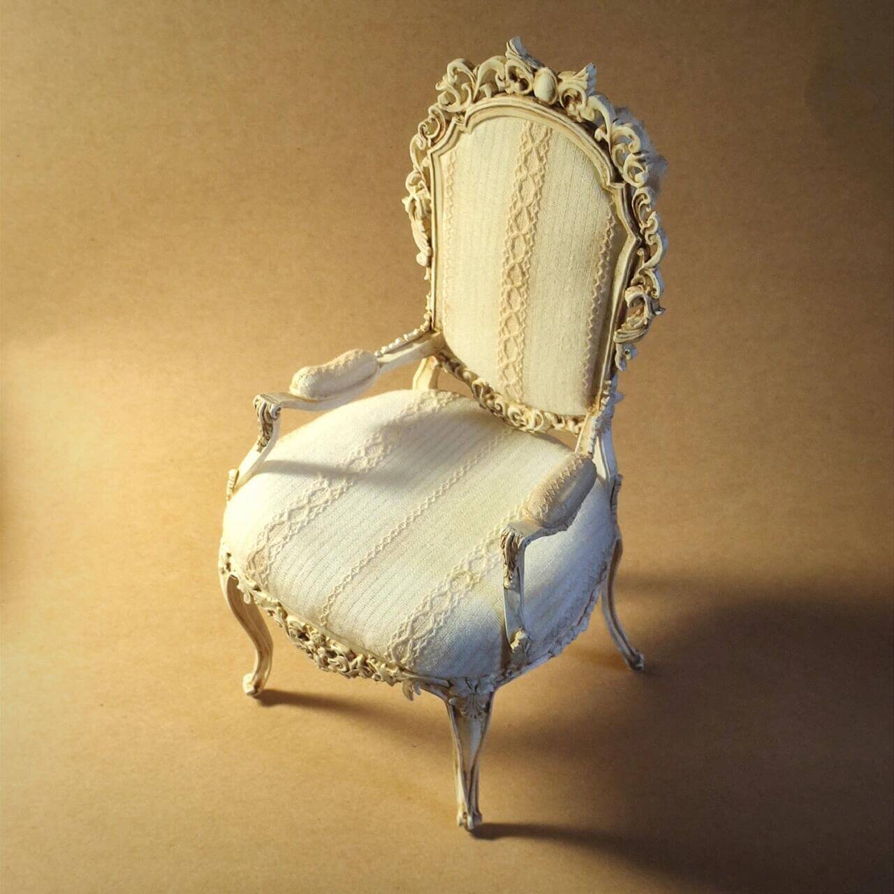 This miniature armchair craft kit is perfect for dollhouse enthusiasts who love combining creativity with fine details. Inspired by shabby chic and vintage European designs, this throne-style chair features intricate carvings and an elegant fabric finish, adding a sophisticated touch to any dollhouse interior. Ideal as a centerpiece for dollhouse living rooms, studies, or bedrooms, this kit brings timeless charm and character to your miniature world. A perfect gift for collectors and craft lovers alike!