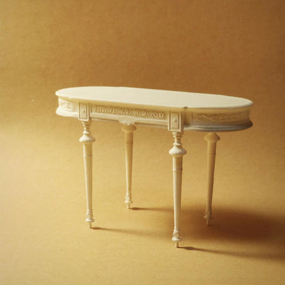 The White Miniature Oval-shaped Dining Coffee Table Dollhouse Furniture is made of Resin with an expression linked to elegance and craftsmanship. Subtle carved details Color/ Finish: White Styles: A classic French inspired design Material: Resin Type: Table Height: 11cm/4.33in