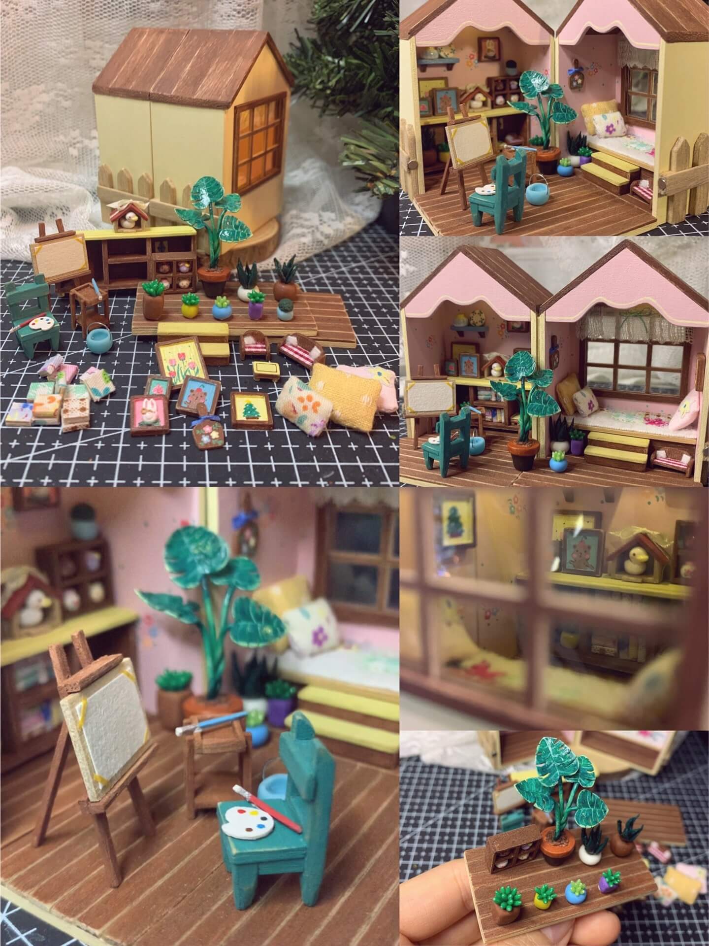 This foldable miniature dollhouse opens up to reveal two charming rooms filled with detailed, removable furniture. One side features an artistic studio with a cozy easel, plant decor, and a workspace, while the other side offers a relaxing bedroom with colorful pillows, a plush bed, and a vibrant window. Each piece, from the tiny bookshelves to the small plants, is meticulously crafted, making it an ideal addition for collectors or anyone who loves unique, interactive designs.