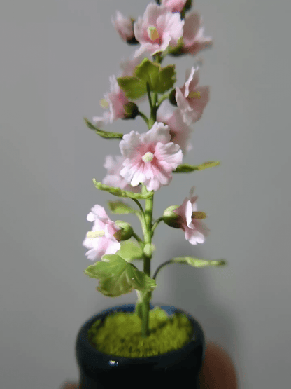 Miniature Alcea Rosea Hollyhocks in Pot Handmade Clay Plant