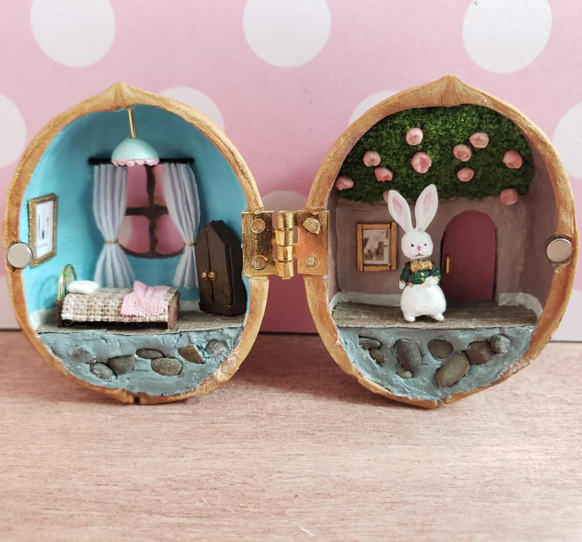 Miniature Alice Rabbit's Bedroom Scene in Walnut Shell Diorama