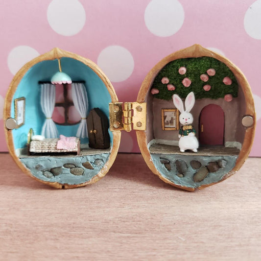 Miniature Alice Rabbit's Bedroom Scene in Walnut Shell Diorama