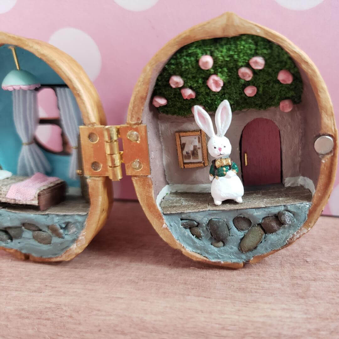 Miniature Alice Rabbit's Bedroom Scene in Walnut Shell Diorama