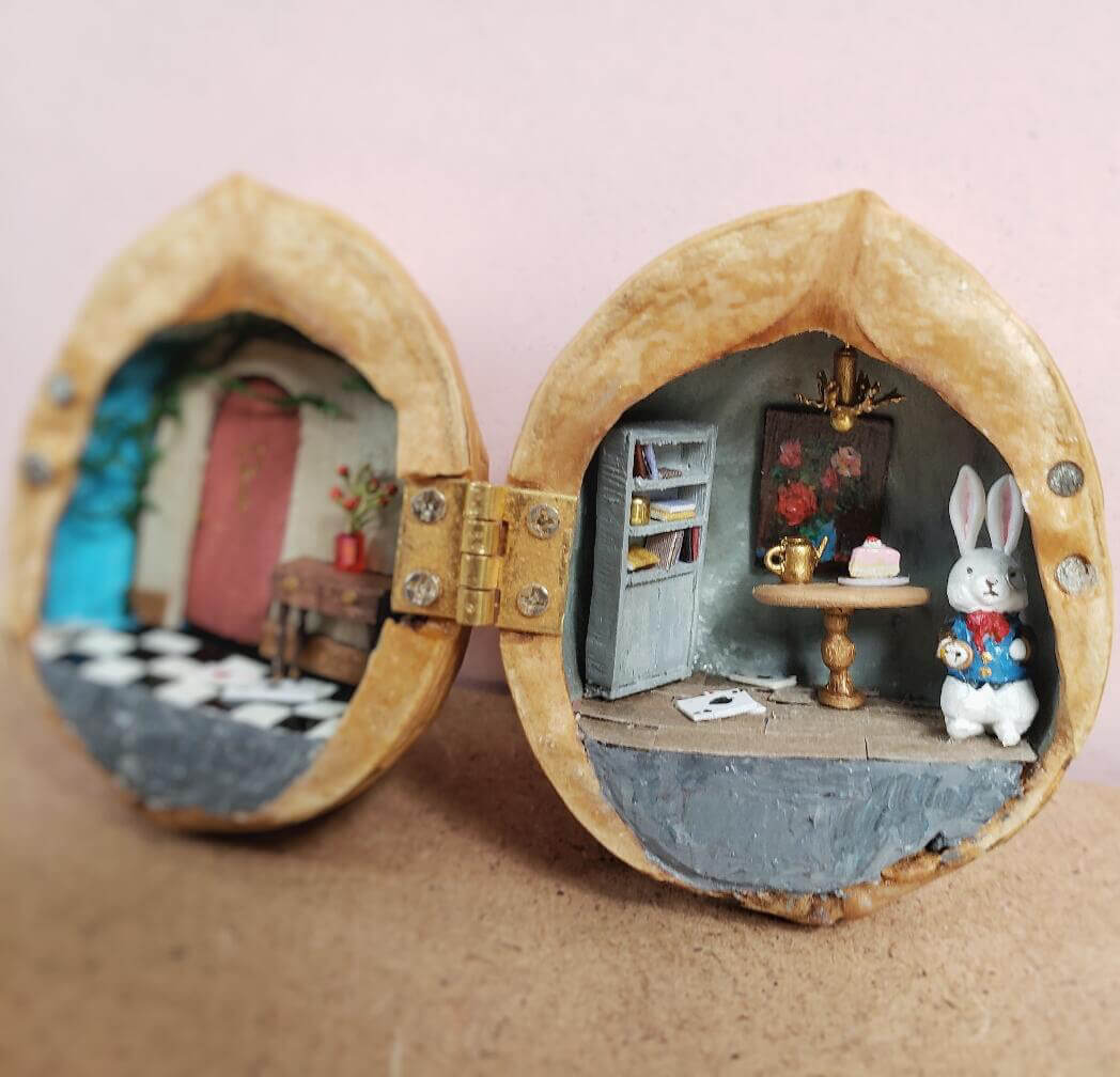 Miniature Alice Rabbit's House Scene in Walnut Shell Diorama