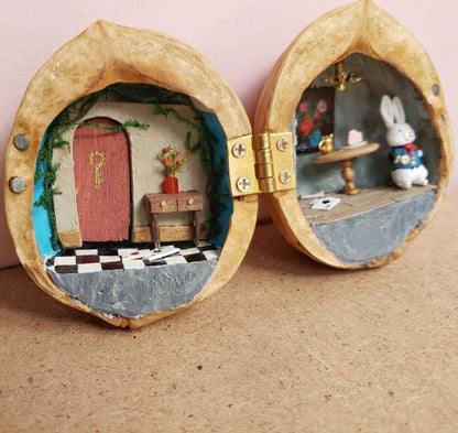 Miniature Alice Rabbit's House Scene in Walnut Shell Diorama