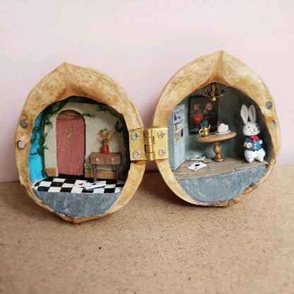 Miniature Alice Rabbit's House Scene in Walnut Shell Diorama