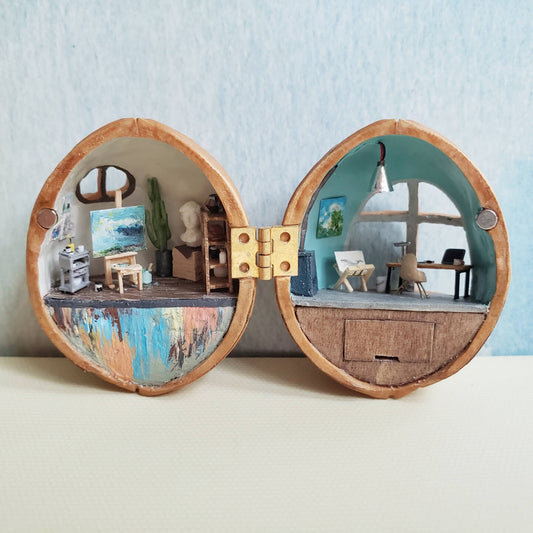 Miniature Art Studio Scene in Walnut Shell Diorama Tiny Craft World