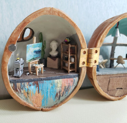 Miniature Art Studio Scene in Walnut Shell Diorama Tiny Craft World