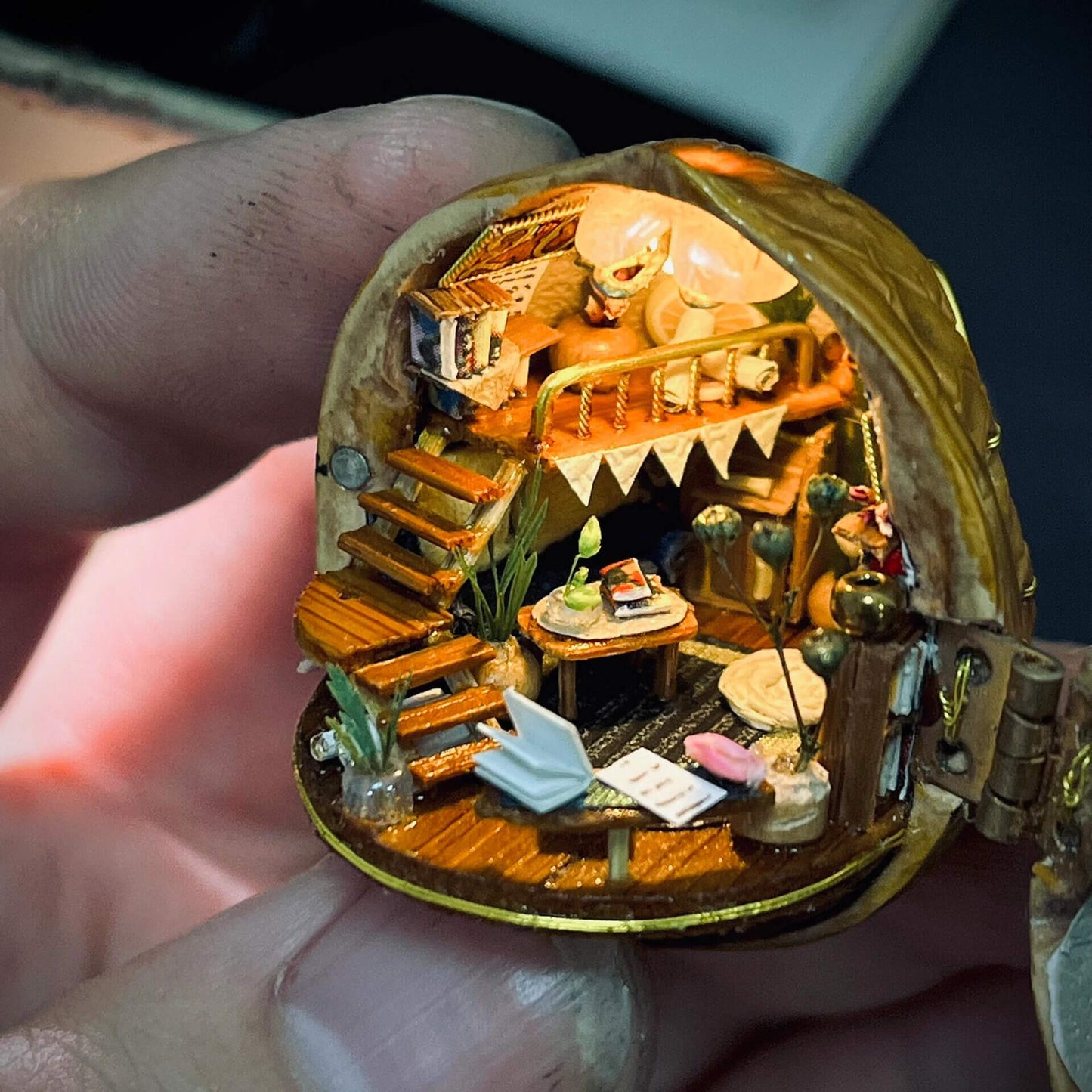 This Attic View Tiny House is entirely handmade; the items inside and the windows can all be opened and closed.