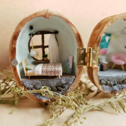 Miniature Bedroom Scene in Walnut Shell Diorama Tiny Craft World