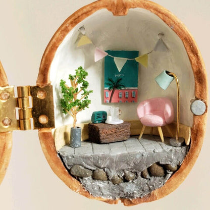 Miniature Bedroom Scene in Walnut Shell Diorama Tiny Craft World