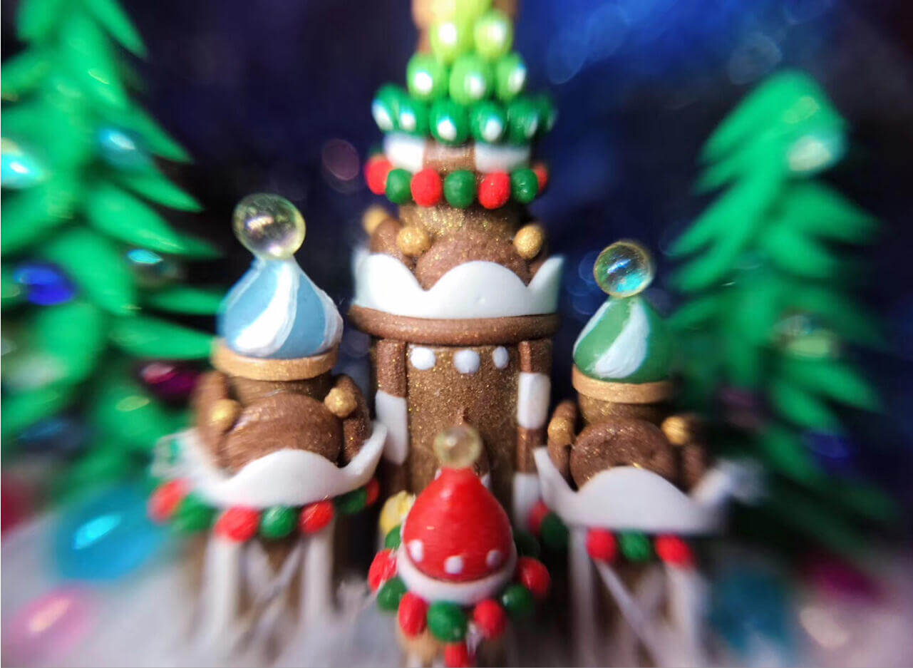 This enchanting miniature scene, set inside a walnut shell, depicts a festive christmas winter wonderland. Colorful ornaments, miniature snowdrifts, and delicate details like the Christmas tree on the castle create a magical holiday atmosphere. Perfect as a keepsake or holiday decoration, this miniature walnut shell diorama captures the essence of Christmas in a unique, handcrafted style.