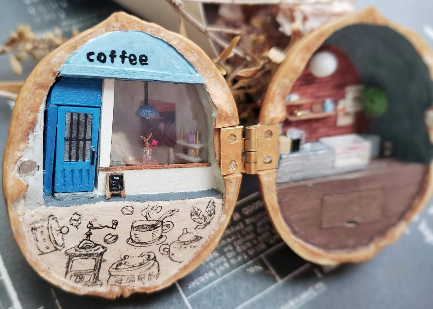 Miniature Coffee Shop Scene in Walnut Shell Diorama Tiny Craft World