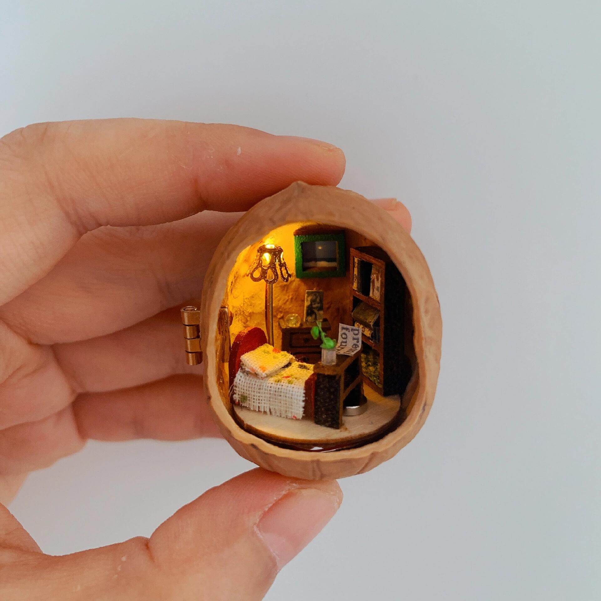 This walnut shell contains a charmingly detailed miniature bedroom. It features a cozy bed with a textured blanket, a tiny bookshelf stacked with books, a warm floor lamp, and a tiny potted plant. The soft lighting and carefully crafted details create a peaceful and intimate ambiance, perfect for a quiet escape.