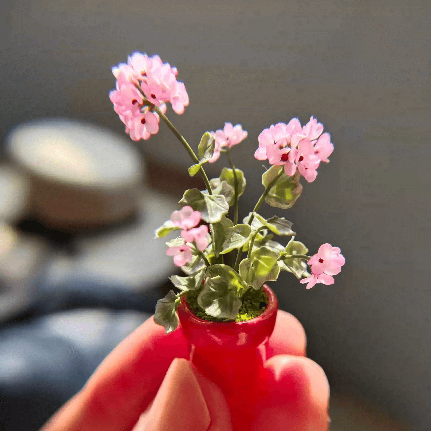 Pelargonium (aka common geraniums) are colorful summer-flowering plants that are popular for hanging baskets, pots, and also garden beds.  Material: Handmade from Clay