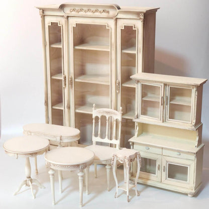 Beautiful Miniature Vintage Shabby Chic Carved Armoires Wardrobes with glass doors.  Color/ Finish: White  Styles: French Vintage  Material: Solid Wood  Type: Wardrobe Armoire  Default Scale: 1/6 (You can customize and modify the size according to your dollhouse).  Miniature Furniture for all dollhouse, roombox, bedroom.