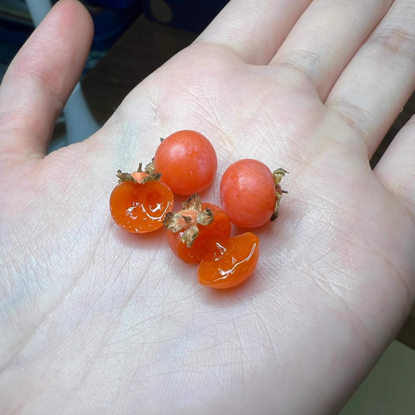 Miniature fruit persimmon for a dollhouse. Miniature fruit persimmon made of clay. Miniature fruit persimmon can be used in doll kitchen, doll grocery store, doll food, collection, diorama decoration.