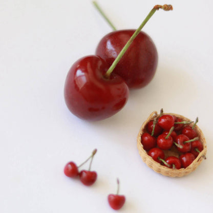 Miniature fruit cherry for a dollhouse. Miniature fruit cherry made of clay. Miniature fruit cherry in 1/6 scale can be used in doll kitchen, doll grocery store, doll food, collection, diorama decoration. Size: 0.5cm / 0.2in