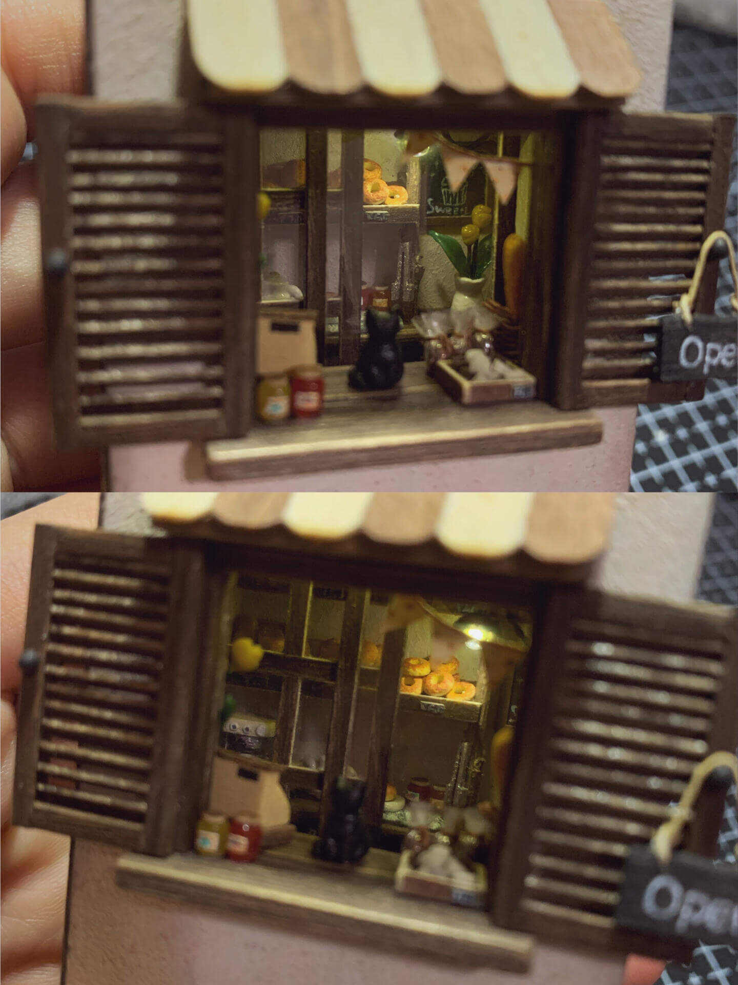 Inspired by "Kiki's Delivery Service" "I’m not quite sure of my direction, but I hope I can go a little further." — "Kiki's Delivery Service" Can be opened, flipped through, and has lights; all small items can be removed. Louvered windows and sliding doors.