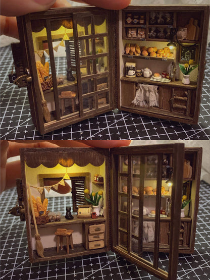 Inspired by "Kiki's Delivery Service" "I’m not quite sure of my direction, but I hope I can go a little further." — "Kiki's Delivery Service" Can be opened, flipped through, and has lights; all small items can be removed. Louvered windows and sliding doors.