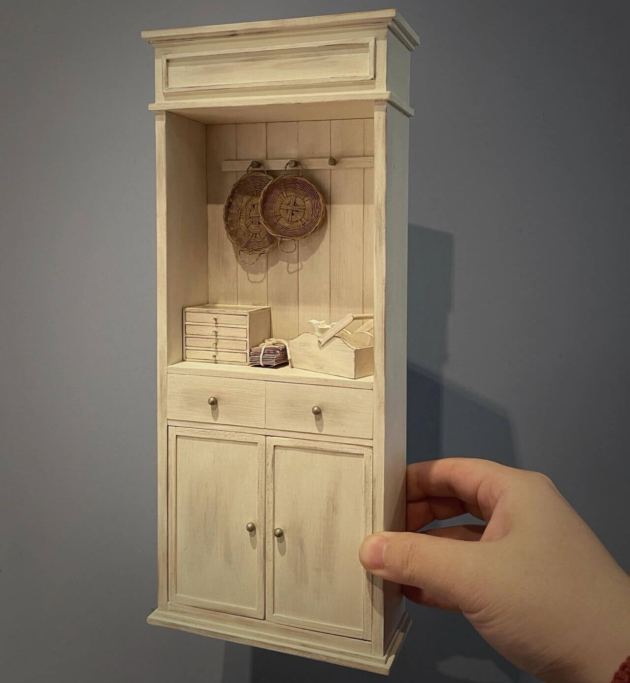 Miniature Handmade Walnut Tall Dresser Cabinet with Doors and Drawers