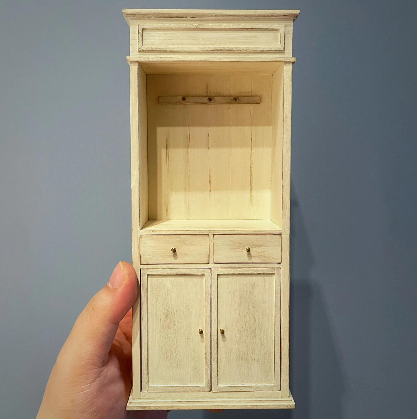 Miniature Handmade Walnut Tall Dresser Cabinet with Doors and Drawers