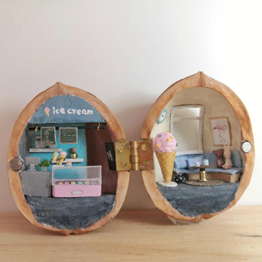 Miniature Ice Cream Shop Scene in Walnut Shell Diorama Tiny Craft World