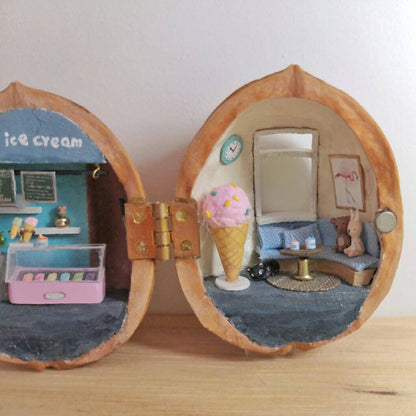 Miniature Ice Cream Shop Scene in Walnut Shell Diorama Tiny Craft World