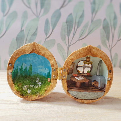 Miniature Little Red Riding Hood's Home Scene in Walnut Shell Diorama