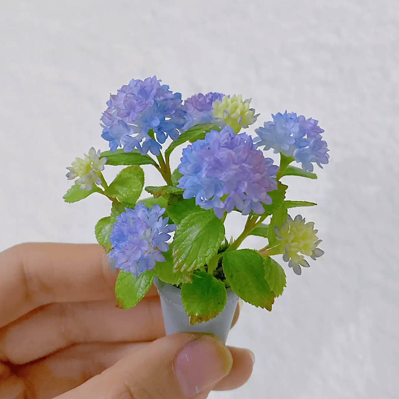 Hydrangeas are deciduous shrubs with flowers in terminal, round or umbrella-shaped clusters in colors of white, pink, or blue, or even purple.  Dollhouse Garden Plants Handmade from Clay.