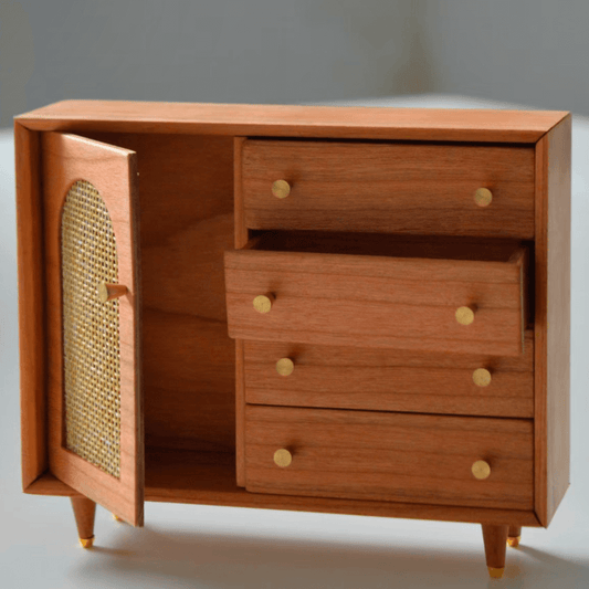 The brown cherry wooden drawer cabinet adopts a classic brown wooden frame, matched with cherry drawer panels, perfectly integrating natural and modern elements, suitable for various dollhouse styles, adding warmth and elegance to the space. Default Color/ Finish: Brown Styles: Modern Material: Solid Wood Type: Drawer Cabinet