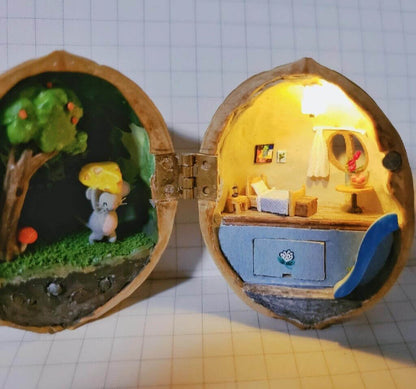 Miniature Mouse's Bedroom Scene in Walnut Shell Diorama Tiny World